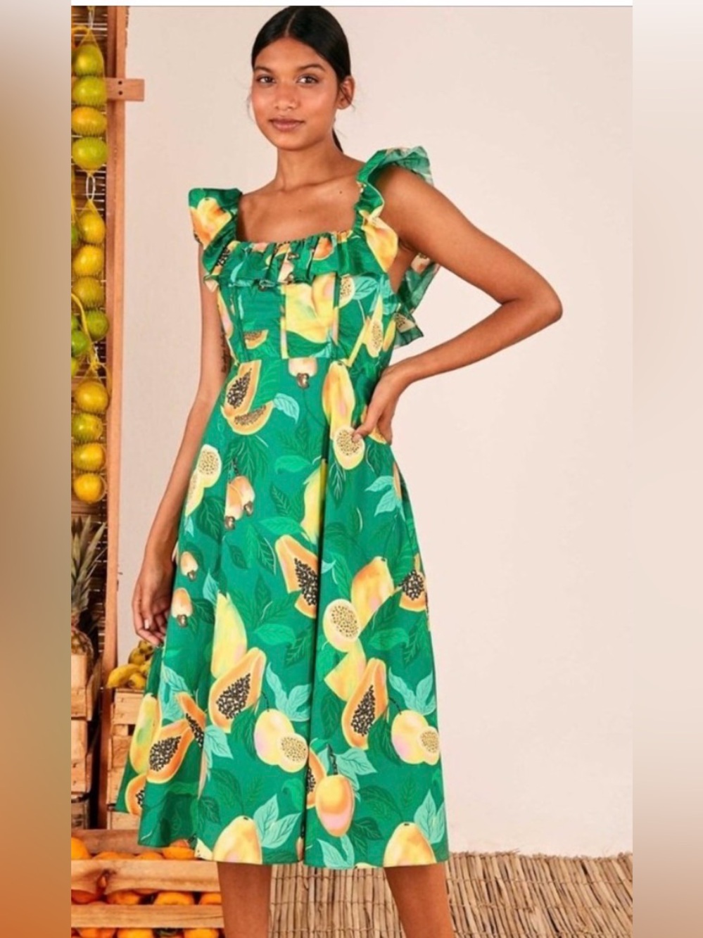 Farm Rio Green Papaya Salad Midi Dress Sz Small Floral Tropical Vacation Resort